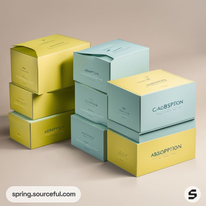 Layered pastel boxes in green, yellow, and blue.