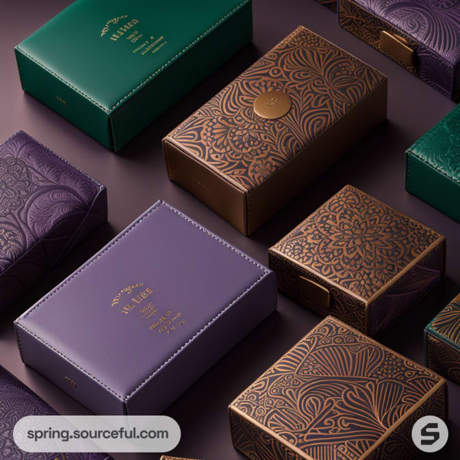 Luxurious packaging boxes in green, purple, and bronze with intricate patterns on a dark surface.