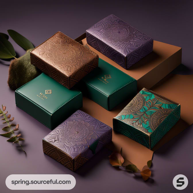 Elegant embossed boxes in green, brown, purple with intricate patterns on a soft background.