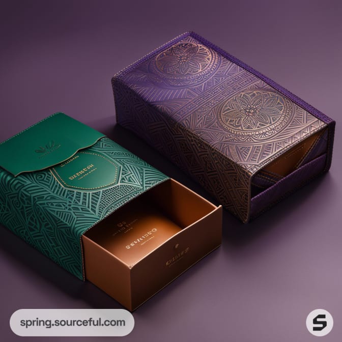 Two intricately embossed sliding drawer boxes, one green and one purple, both with geometric patterns.