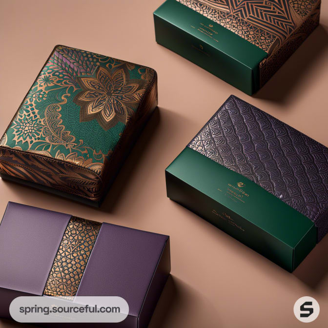Elegant gift boxes with intricate gold and green patterns on a beige background.