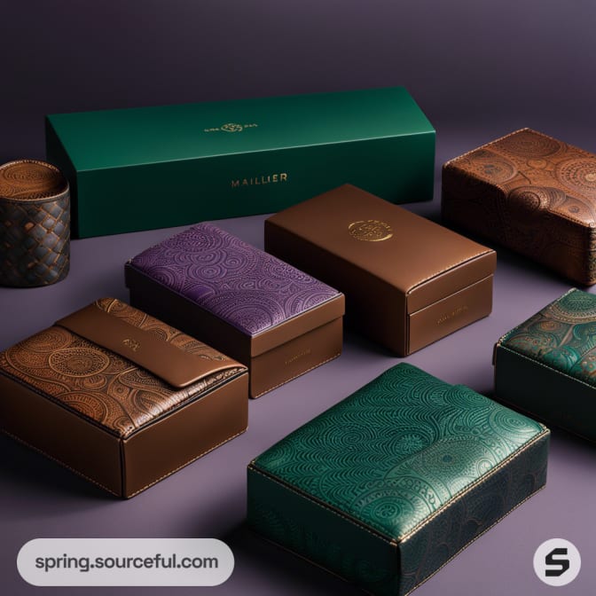 Luxurious boxes in brown, purple, and green with embossed patterns and a dark green elongated box in the background.