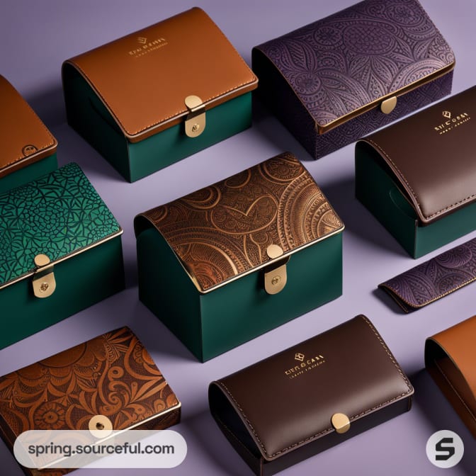 Luxury leather pouches in brown and green with gold clasps and intricate patterns on a purple surface.