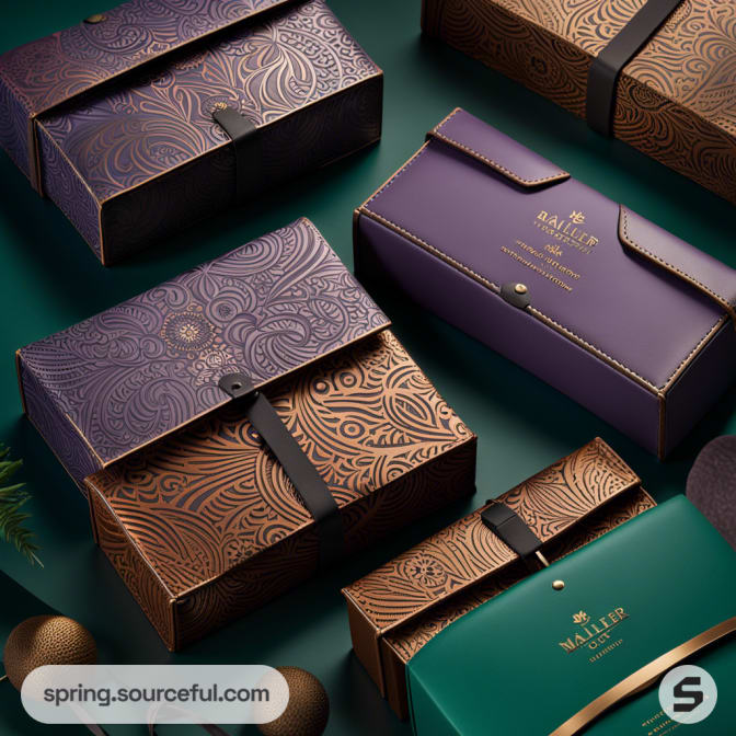 Elegant embossed gift boxes in purple and copper with intricate designs on a green surface.