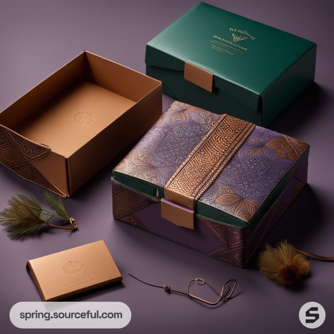 Luxury gift boxes with intricate gold patterns, including a green box and a purple box with a decorative strap.