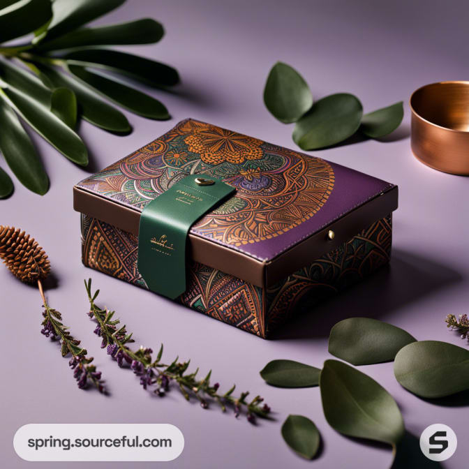 Decorative box with intricate floral pattern and green strap on a lavender surface, surrounded by leaves and lavender sprigs.