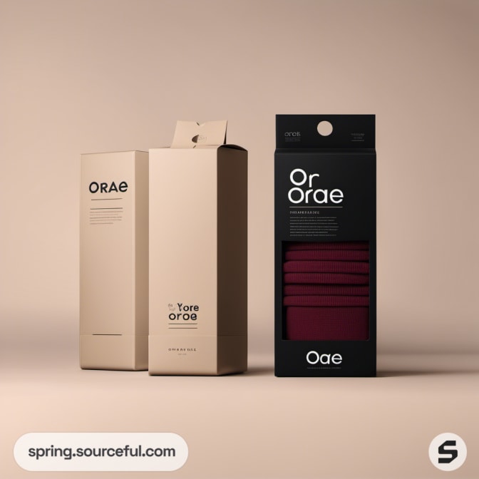 Beige and black packaging boxes with maroon textiles inside.