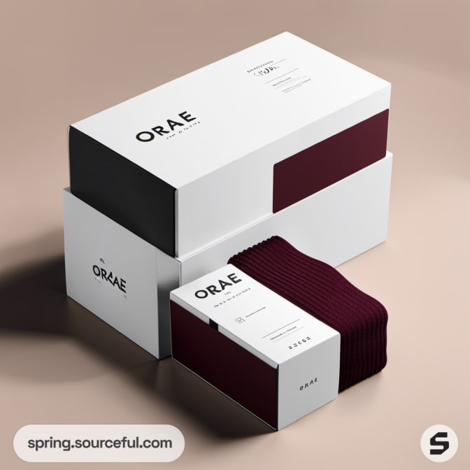 Stacked boxes with a maroon textile piece, featuring minimalist design.