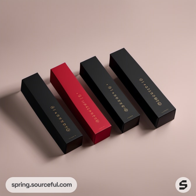 Four rectangular boxes in red and black with gold text.