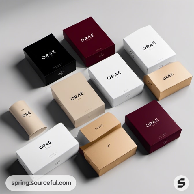 Assorted maroon, beige, and black square packaging boxes.