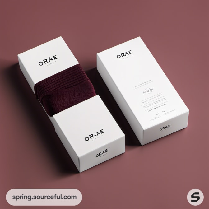 White box with maroon textile folded inside, minimal design.