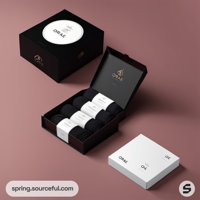 Open black box displaying black rolls, minimal branding.
