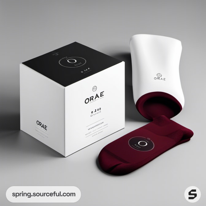 White and black minimalist box with maroon sock displayed.