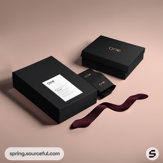 Black rectangular box with maroon textile folded, minimal design.