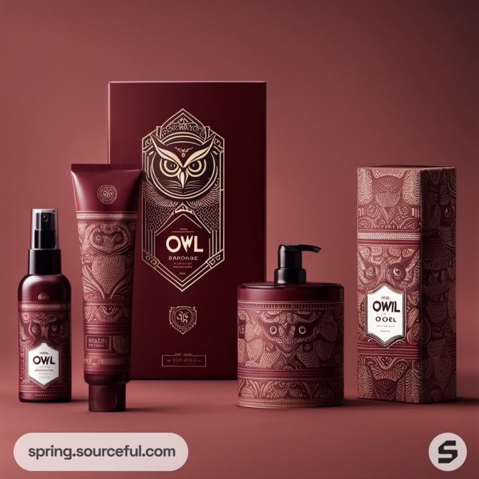 Elegant owl-themed cosmetic packaging in burgundy and beige.