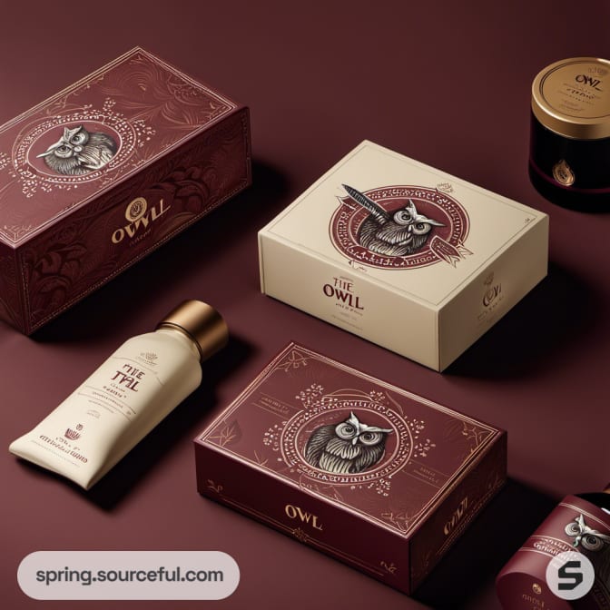Assorted owl-themed cosmetic boxes and bottles on a brown surface.