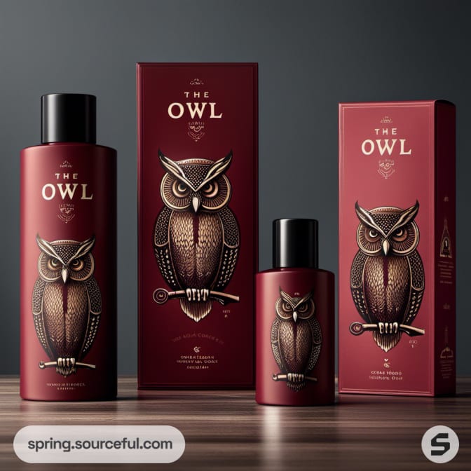 Owl-themed burgundy cosmetic bottles with detailed illustrations.