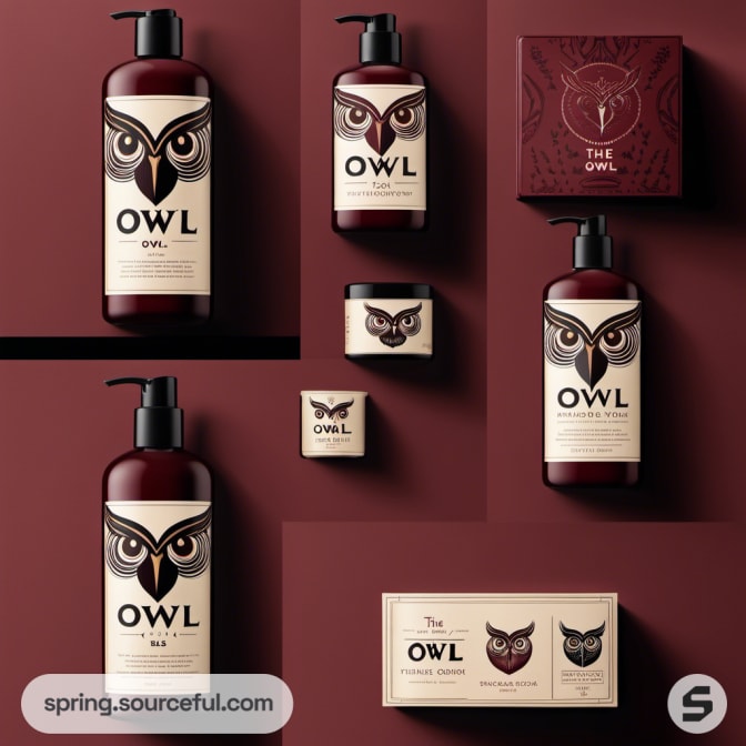 Owl-themed beauty products with elegant packaging design.
