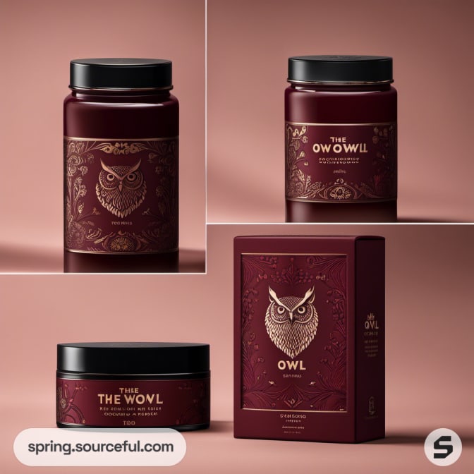 Burgundy owl-themed jars with intricate designs and boxes.