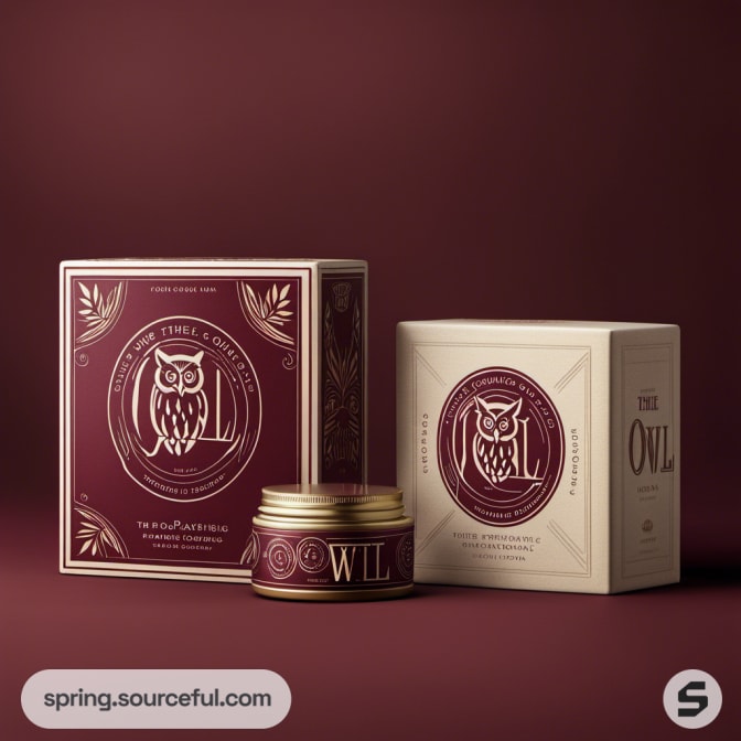 Elegant owl-themed cosmetic jars and boxes in red and cream.