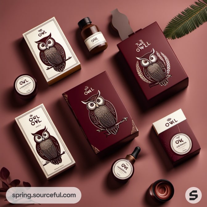 Owl-themed cosmetic boxes and jars in burgundy and cream.