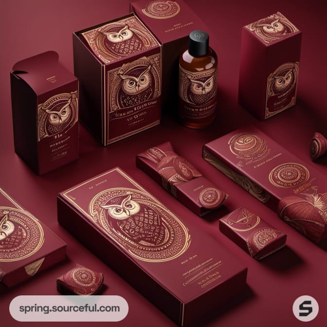 Dark red owl-themed packaging for various beauty products.