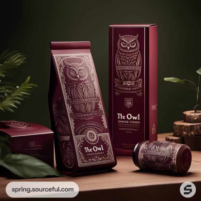Intricately designed owl-themed packaging with plants.
