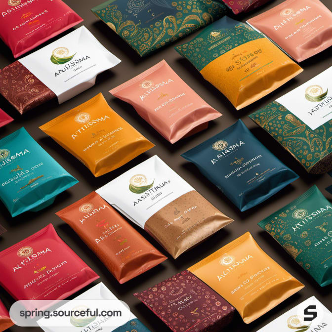 Assorted colorful snack packets with text design.