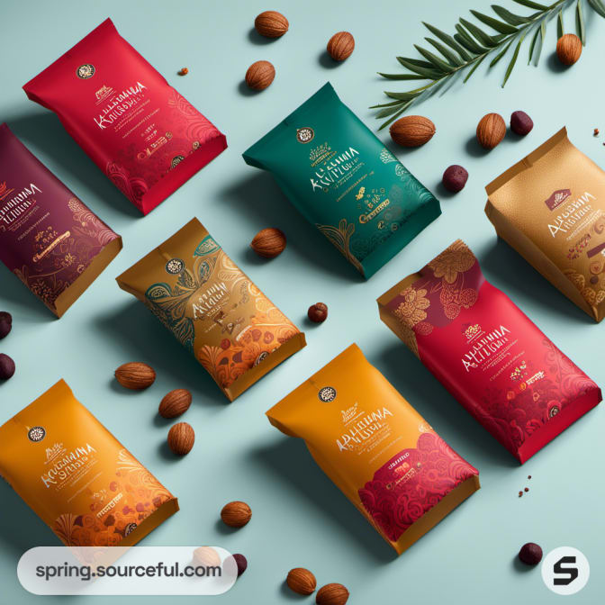 Eight colorful snack packets with nuts scattered around.