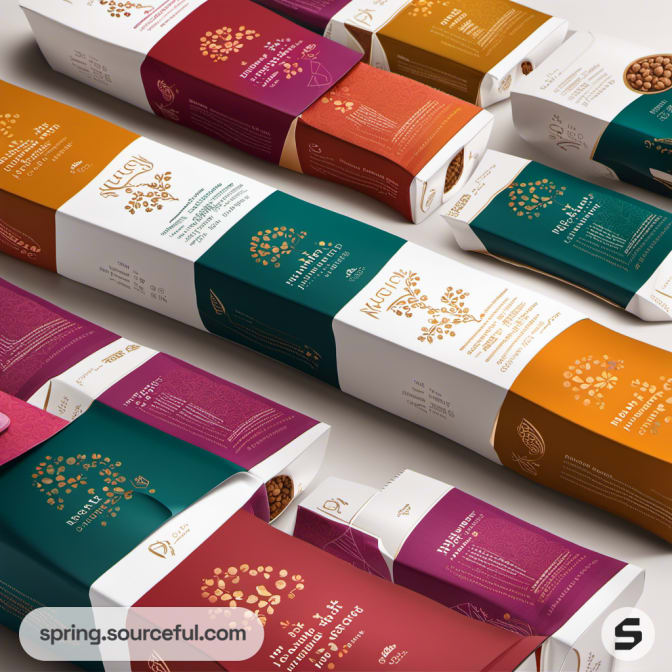 Elongated boxes of different colors with detailed text design.