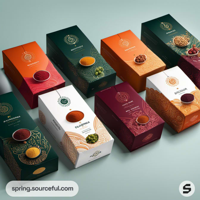 Eight snack boxes in vibrant colors with spice illustrations.