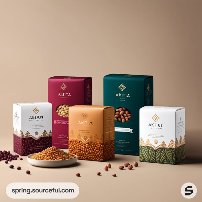 Five boxed grains packaging in various solid colors.