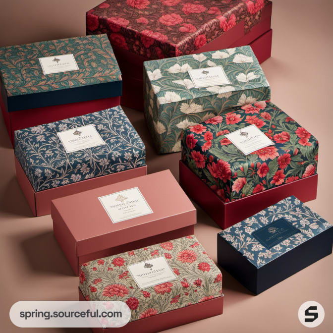 Various floral patterned gift boxes with elegant designs.