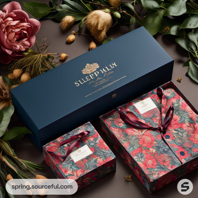 Blue and floral gift boxes with ribbon on a floral background.