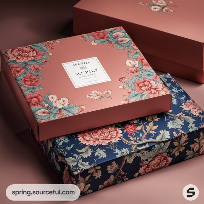 Pink and blue floral patterned gift boxes stacked neatly.