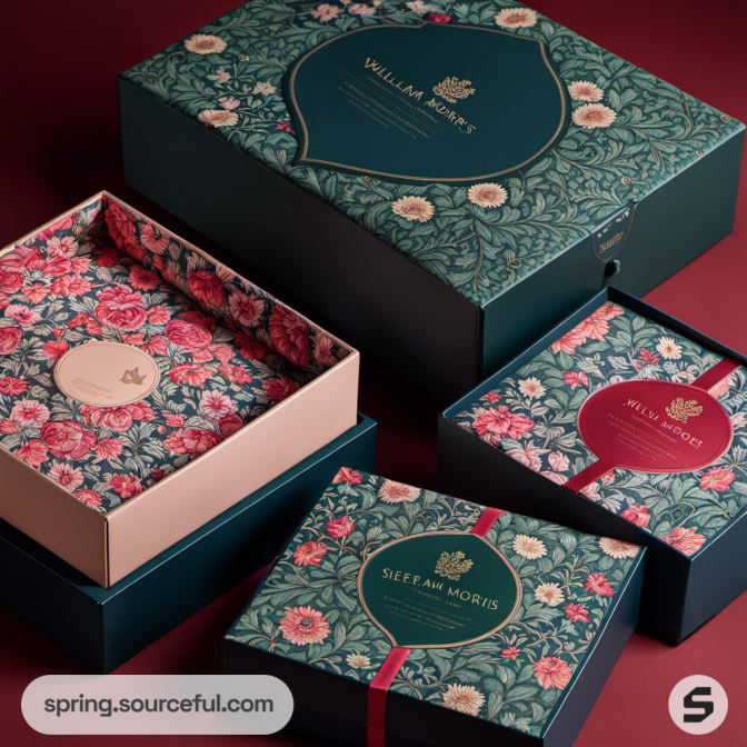 Floral gift boxes with intricate red and green patterns.