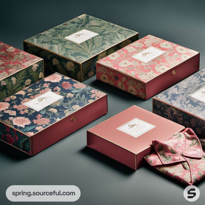 Assorted floral patterned boxes with one open to show inner print.