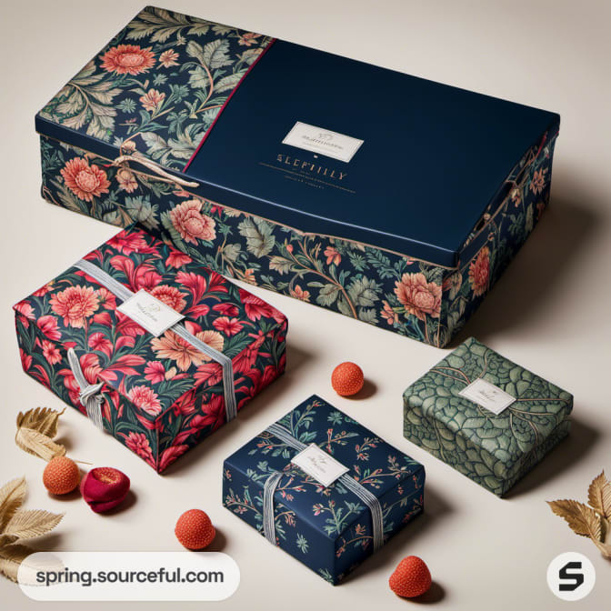 Floral designed gift boxes and autumn elements.