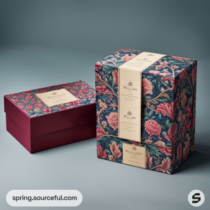 Stacked floral patterned gift boxes in pink and blue.