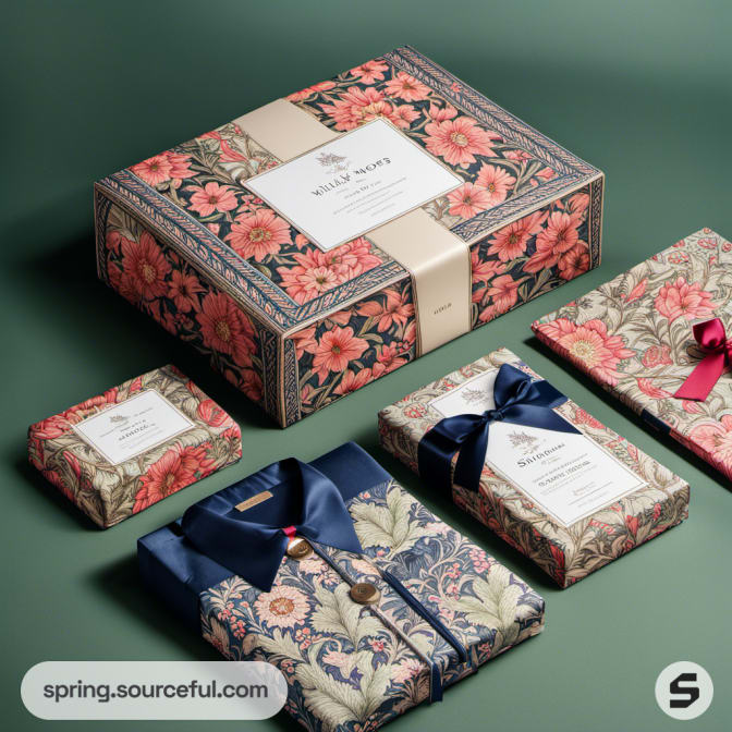 Floral gift boxes and shirt with detailed packaging.