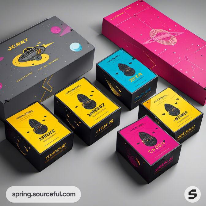 Various product boxes with space graphics and vibrant colors on display.