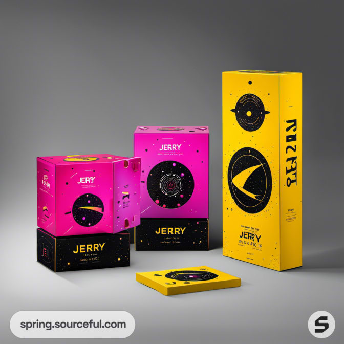 Stacked boxes with space illustrations in pink, yellow, and black.
