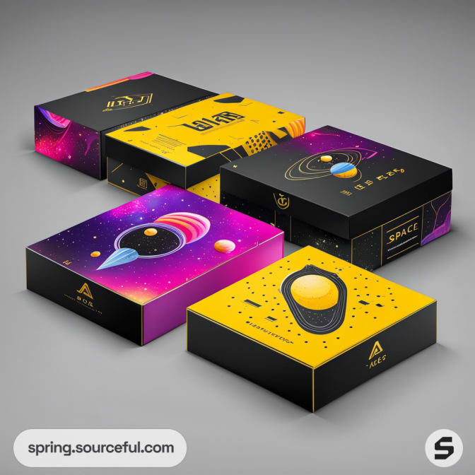 Five rectangular boxes with colorful space patterns and planet graphics.