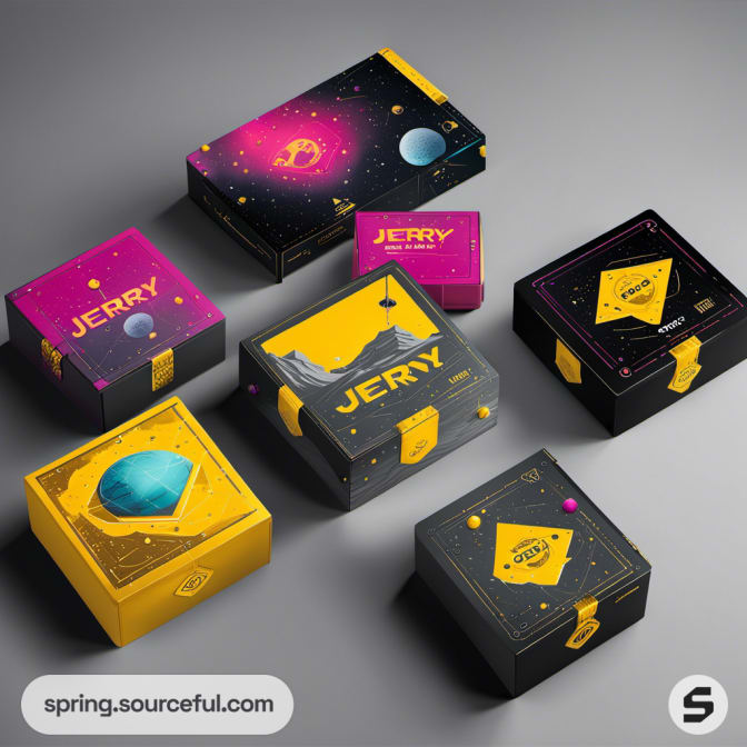 Assorted space-themed boxes with celestial designs and vibrant colors.