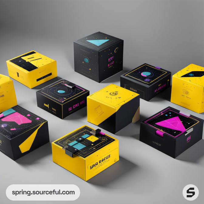Nine uniquely designed space-themed boxes in a variety of colors.