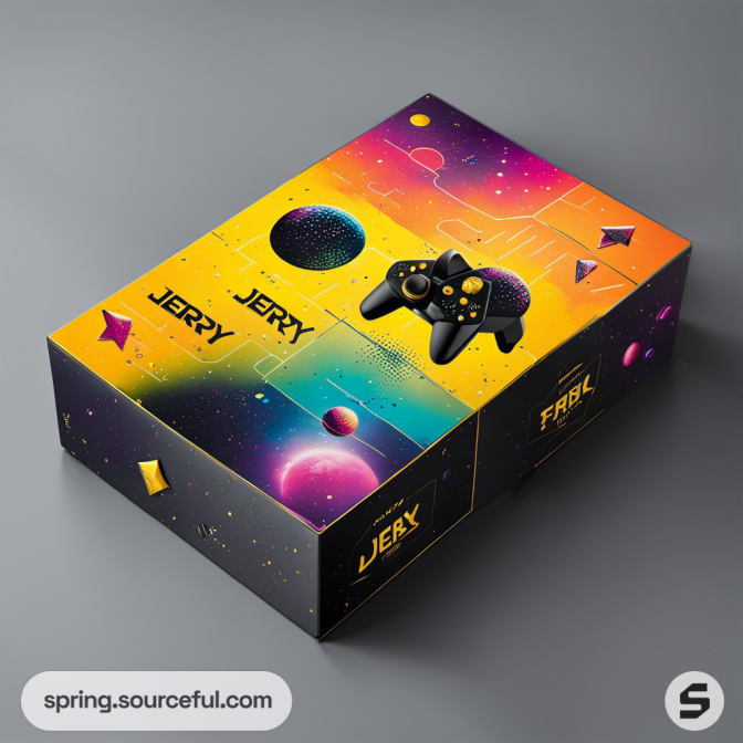 Rectangular and square space-themed product boxes in vibrant colors.