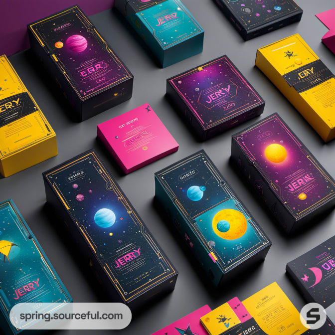 Colorful galactic-themed box packaging with planets and stars on various rectangular boxes in yellow, pink, and turquoise.