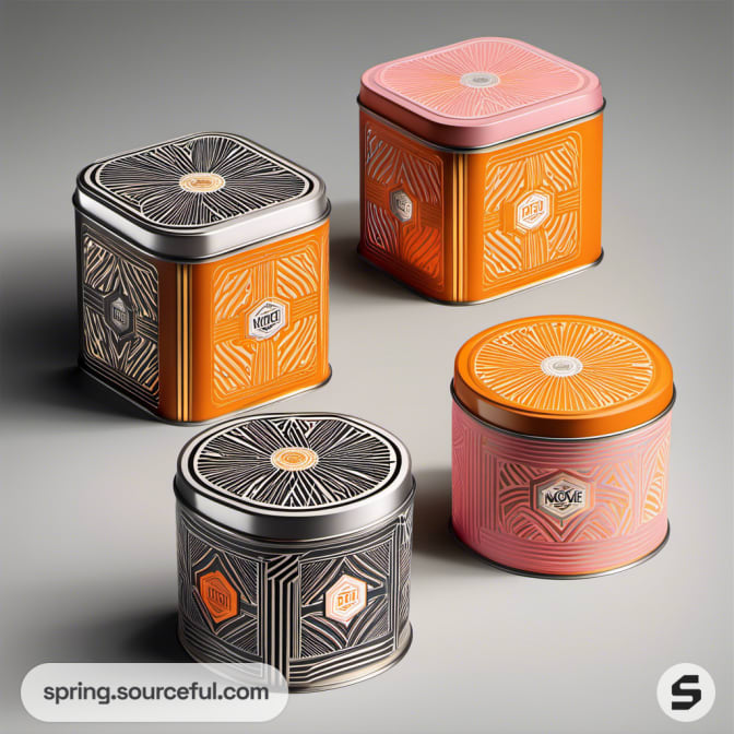 Colorful geometric patterned tins with lids, in orange and pink hues.
