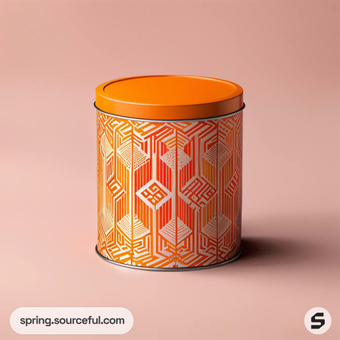 Cylindrical tin with orange geometric pattern on pink background.