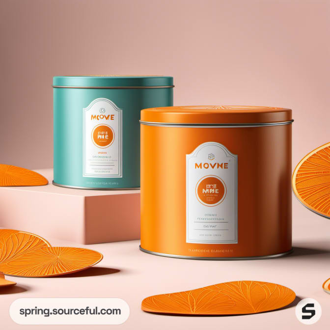 Two large cylindrical tins in teal and orange, decorated with minimalist labels.